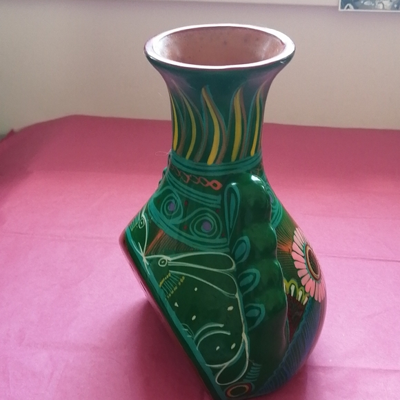 Vintage 2007 pottery vase decor, Mexican folk art, turquoise, pink, yellow - Picture 2 of 7